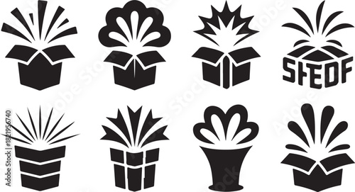 Eight Silhouette Icons of Open Gift Boxes with Explosions of Ribbons and Light present surprise