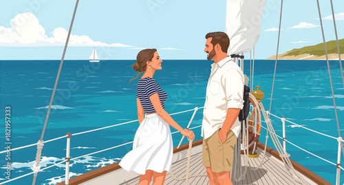 Couple sailing together on a calm, sunny day. Romantic boat ride on a peaceful blue sea. Couple enjoying a sailing adventure at sea. Seaside romance on a beautiful sailboat