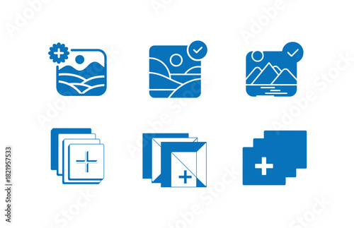 Set of six blue add photo icons including landscapes with plus and check marks, and multiple images