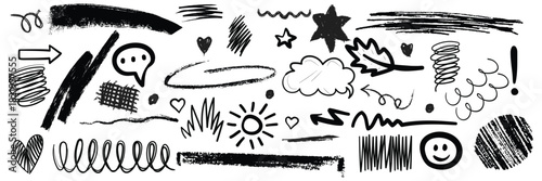 Chalk & Crayon Scribble Doodle Elements – Rough Hand-Drawn Marker Sketches, Brush Grunge Textures, and Playful Kids/Teens Pencil Drawings for Posters & Social Media