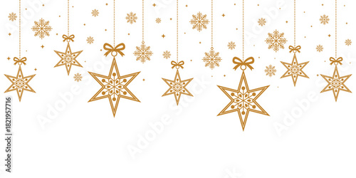 Elegant Christmas header or banner design featuring a festive border of large and small hanging golden star ornaments, accented with snowflakes. The design is on a white background, leaving ample clea