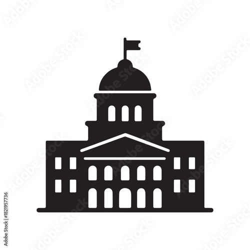 A black silhouette of a classical government building featuring a prominent dome, columns, and a flag atop its highest point.