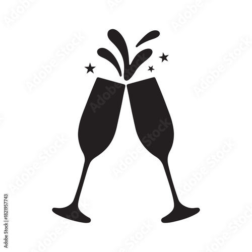 Champagne glasses clinking with splash and starbursts silhouette vector icon on white background