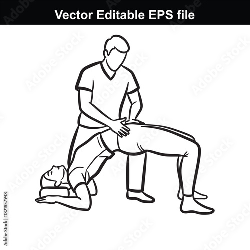 Physical therapist assisting patient with hip bridge exercise, line art illustration