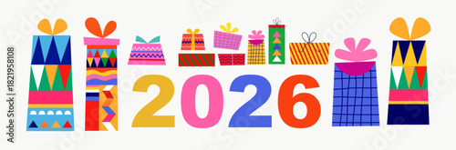 2026 poster design. Christmas card with gift boxes	