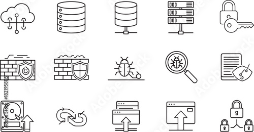 Cybersecurity and data management modern line icons set. cloud computing, database, firewall, virus detection, data transfer, and secure network elements. Vector