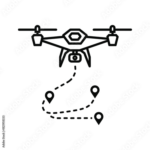 Drone icon tracking path with location markers outline design