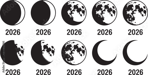 Sequential Phases of the Moon and Craters with the Year 2026 Below Keywords: moon, phases, lunar, cycle, crescent, full moon, new moon, gibbous, quarter, celestial, space, astronomy, science