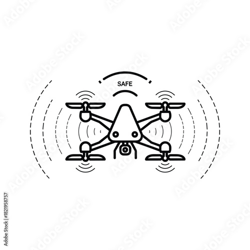 Safe drone with signal waves and camera, security technology icon.