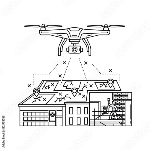 Drone building inspection finding roof cracks and damage via tech