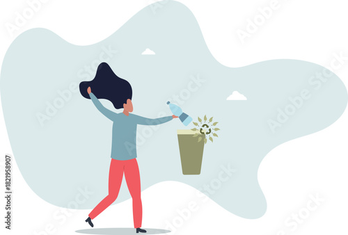 collecting plastic trash into garbage bin. Character sorting the garbage.life and employment of people.