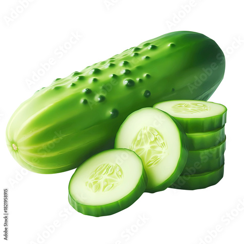 Fresh Whole Cucumber with Slices Isolated on White Background and transparent 