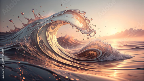 Fototapeta Naklejka Na Ścianę i Meble -  Majestic Ocean Wave Crashing with Golden Sunset Light and Water Droplets crashing wave