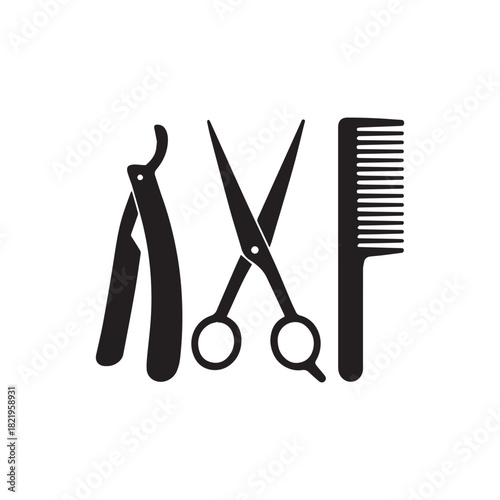 Classic barber tools silhouette featuring a straight razor scissors and comb on white background
