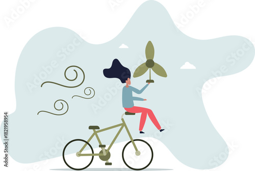 Sustainable living. Characters in modern eco city driving e-bike near windmills.life and employment of people.