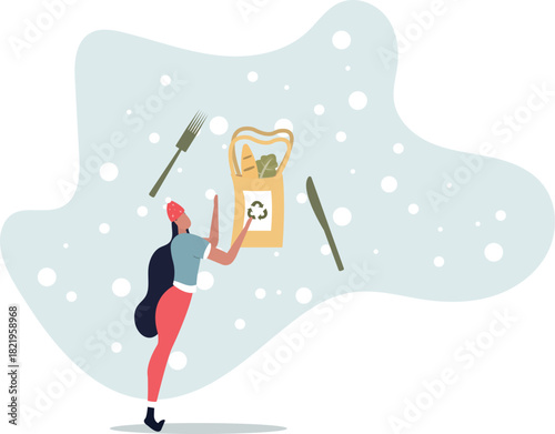 Zero waste lifestyle. Character buying and using eco friendly, no plastic, reusable and recycle items.life and employment of people.