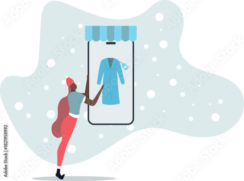 Eco store online woman chooses a coat on a smartphone.life and employment of people.