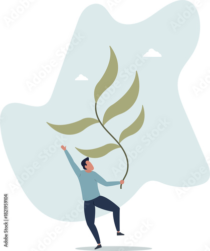 friendly character man waving his hand and holding a young Sprout in his hand.environment concept.life and employment of people.