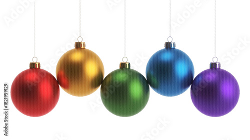 Five Colorful Christmas Ornaments Hanging on White Background decoration holiday.