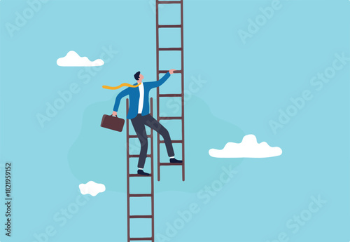 Change job to get growth opportunity, new career path development, transform business to improve for success or achieve target concept, confidence businessman climb up ladder to change to new path.