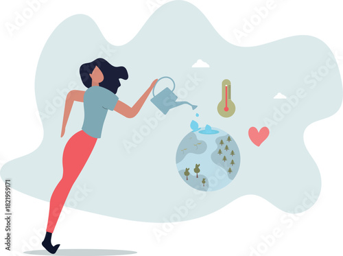 trying to Save Planet Earth.Woman Planting and Watering Trees, Measuring Planet Temperature.