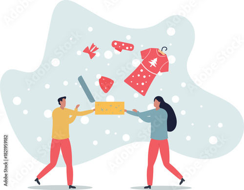 A man gives his woman beautiful clothes for winter.