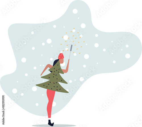 A woman dressed as a Christmas tree decorated with garlands.