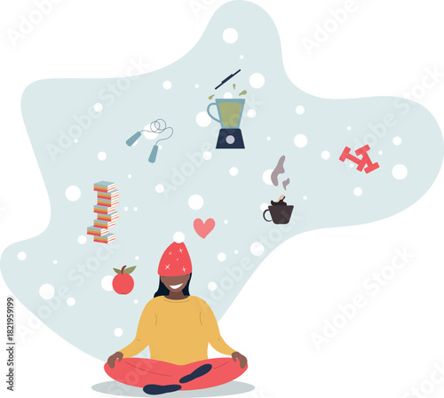 Self care personal health habits combination for wellness.Daily lifestyle for happiness and physical or emotional peace.life and employment of people.