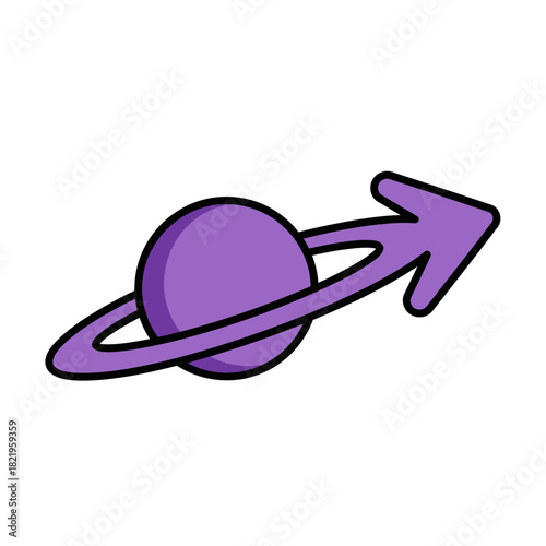 Purple planet with orbiting arrow symbolizing space exploration, sci-fi navigation and futuristic movement graphics