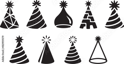 Set of ten black and white party hat icons with diverse geometric and striped patterns Keywords: party hat, birthday, celebration, icon, silhouette, black and white, design, graphic, element