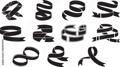 Set of Twelve Black Silhouette Ribbons and Banners with Different Twists and Folds on White swirl curl