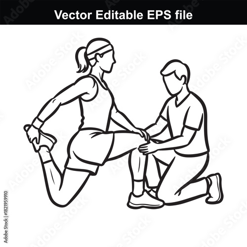 A fitness trainer assists a woman in stretching her quadriceps muscle, demonstrating proper form for a workout routine