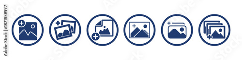 Add photo icon set with various designs in navy blue circles for user interface elements and applications