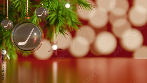 Christmas tree decorated with hockey themed ornaments during the holiday season. 3d rendering