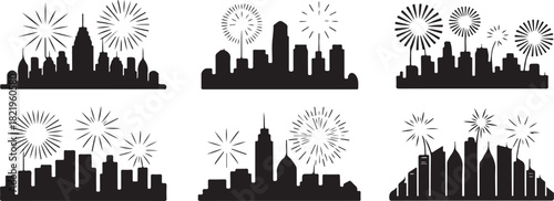 Six Black Silhouette Cityscapes with Stylized Fireworks Displays Keywords: cityscape, silhouette, black, city, skyline, fireworks, celebration, night, event, graphic, illustration, art, design