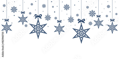 Elegant Christmas header or banner design featuring a festive border of large and small hanging dark blue star ornaments, accented with snowflakes. 
