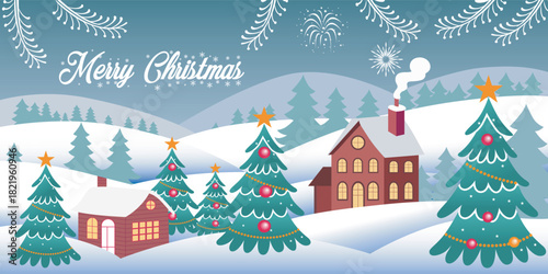 A festive winter scene depicts a cozy house and christmas trees