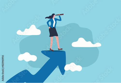 Woman leader with lady power business vision, woman visionary to see business opportunity concept, success businesswoman standing on top of rising arrow with telescope or spyglass to see future vision