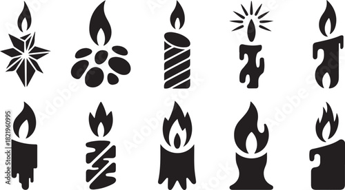 Ten black silhouette icons of candles and flames on a white background fire light