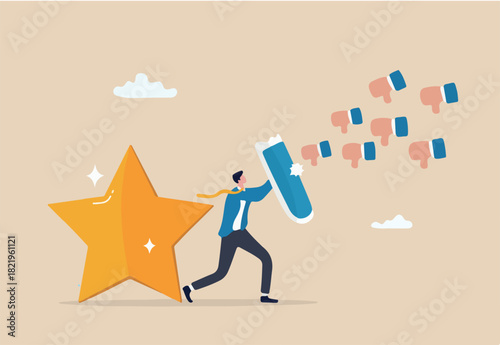Protect brand reputation, trust or manage negative customer review, feedback or engagement, marketing solution, strategy concept, businessman shield protect star reputation form thumb down feedback. 