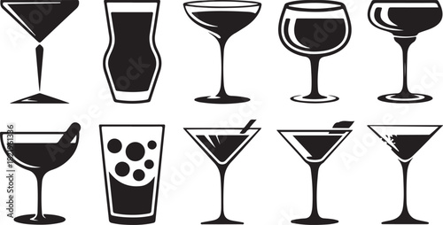 Ten Silhouette Illustrations of Cocktail Glasses with Drinks and Garnishes drinkware barware