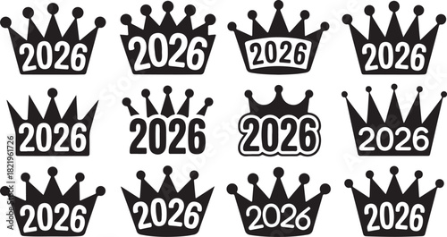Twelve Black and White Crown Icons Featuring the Year 2026 in Various Styles Keywords: crown, 2026, royalty, symbol, icon, graphic, illustration, design, vector, silhouette, black and white, regal