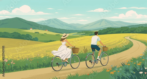 Couple cycling together along a winding countryside path. Scenic bike ride in the countryside with a loved one. Couple enjoying a peaceful bike ride on a country road