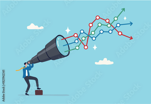 Forecast or prediction to see or analyze future opportunity, forwarding data analysis, leadership vision or discover investment plan concept, businessman look through telescope to see forecast chart.