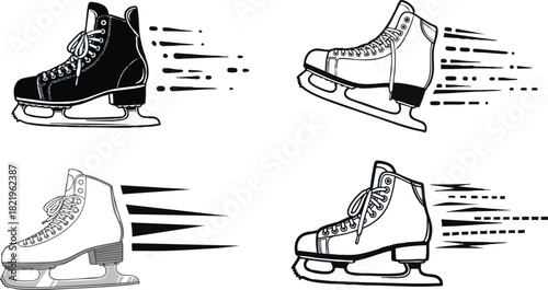Ice skates in motion with speed lines on a black background
