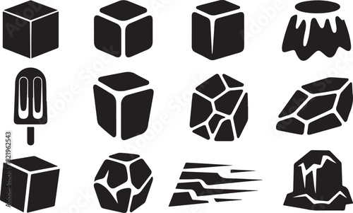 Twelve black silhouette ice cubes and frozen elements on white background Keywords: ice, ice cube, frozen, cold, drink, beverage, refreshment, water, cube, geometric, shape, solid, clear