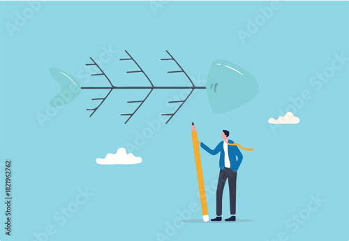 Fishbone diagram tool to analyze cause of problem, root cause analysis or finding solution to solve problem, analyze effect or impact concept, businessman drawing fishbone diagram to analyze problem. 