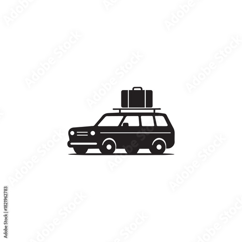 Silhouette of a black suv loaded with luggage on its roof rack ready for a trip