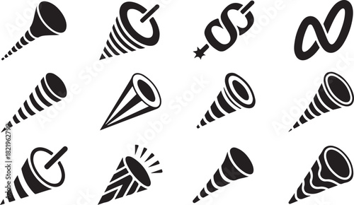 Twelve black silhouette icons of party horns and trumpets on a white background celebration music