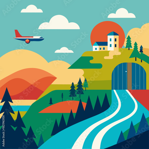 Fly away to a new world! Beautiful geometric landscape with airplane flying past rolling hills, a sunlit house on a hill, and a road leading into a mysterious cave; adventure awaits!